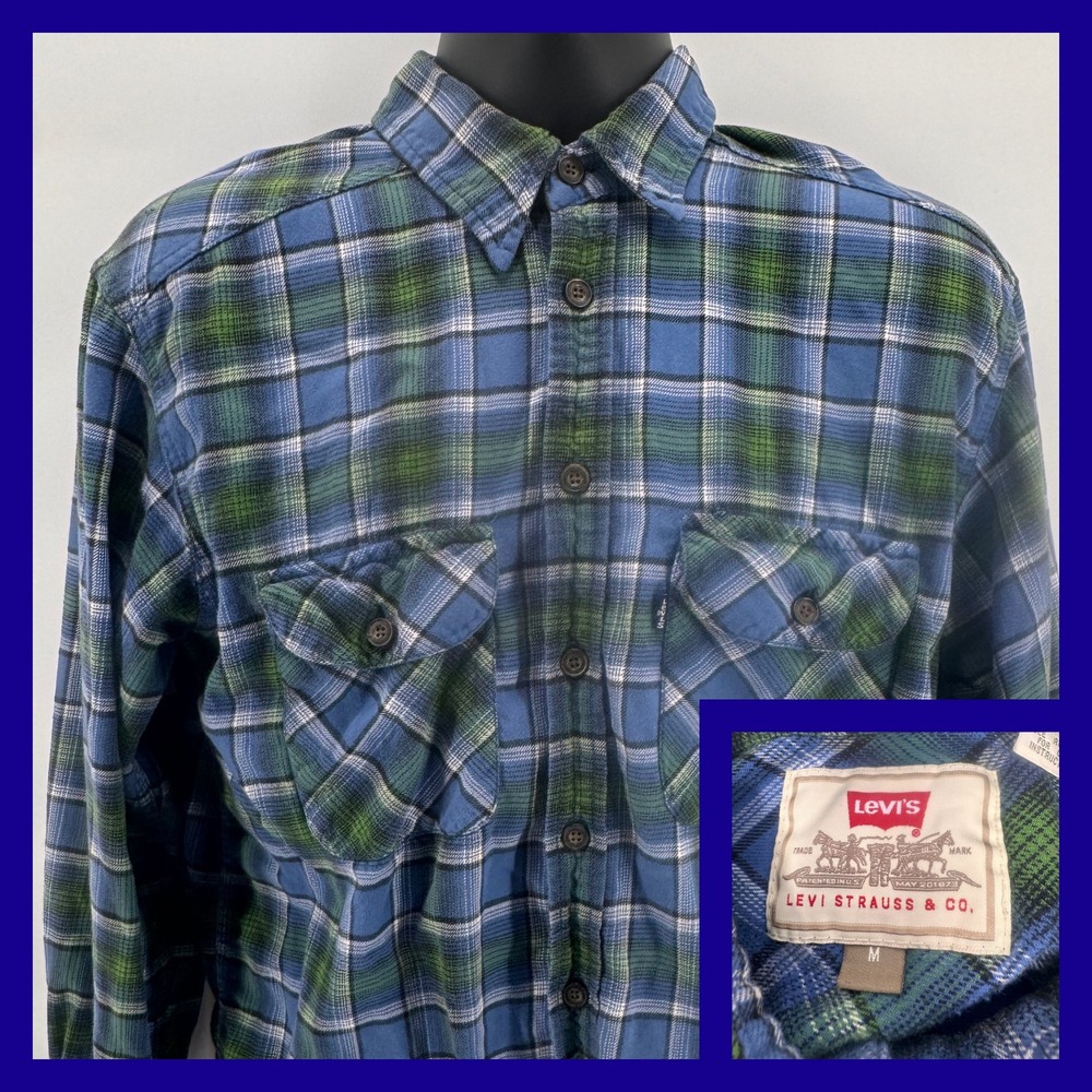Vintage Levi Strauss Button Up Shirt Mens M Blue Green Plaid Flannel Long Sleeve